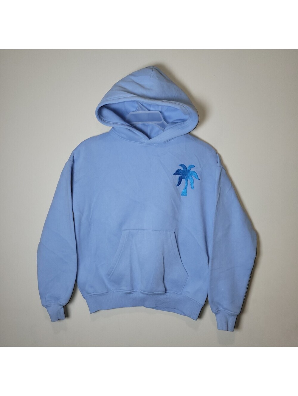 PINK Palm Puff Blue Fleece Pullover Hoodie Graphic Print Pockets Women's XXS